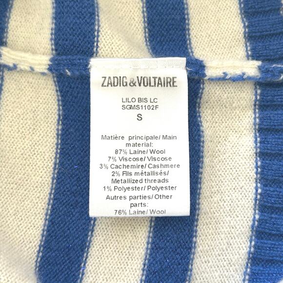 Zadig & Voltaire Lilo Bis Striped Sweater Dragon Motif Wool Cashmere Cream Blue - Picture 11 of 11